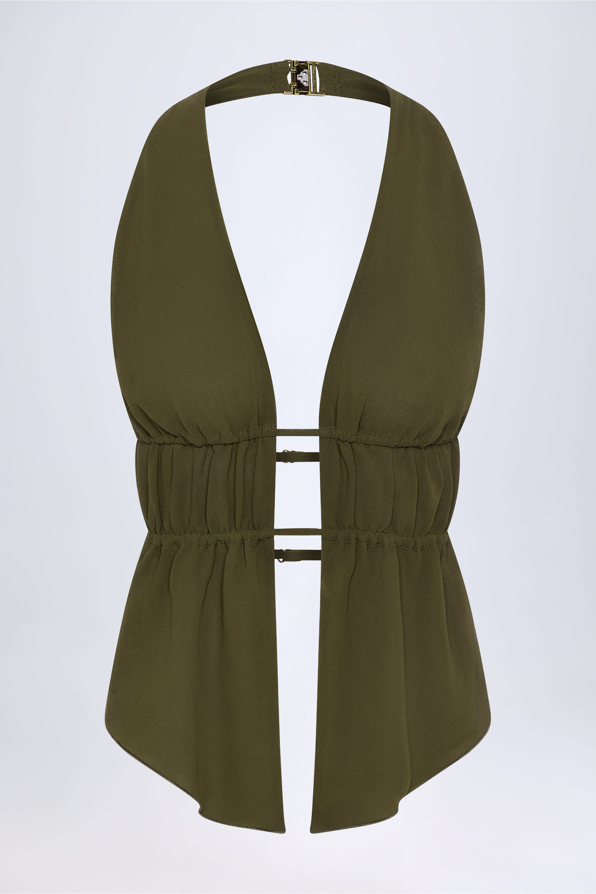 Larisa Cut-Out Ruched Halterneck Crop Top in Dark Khaki