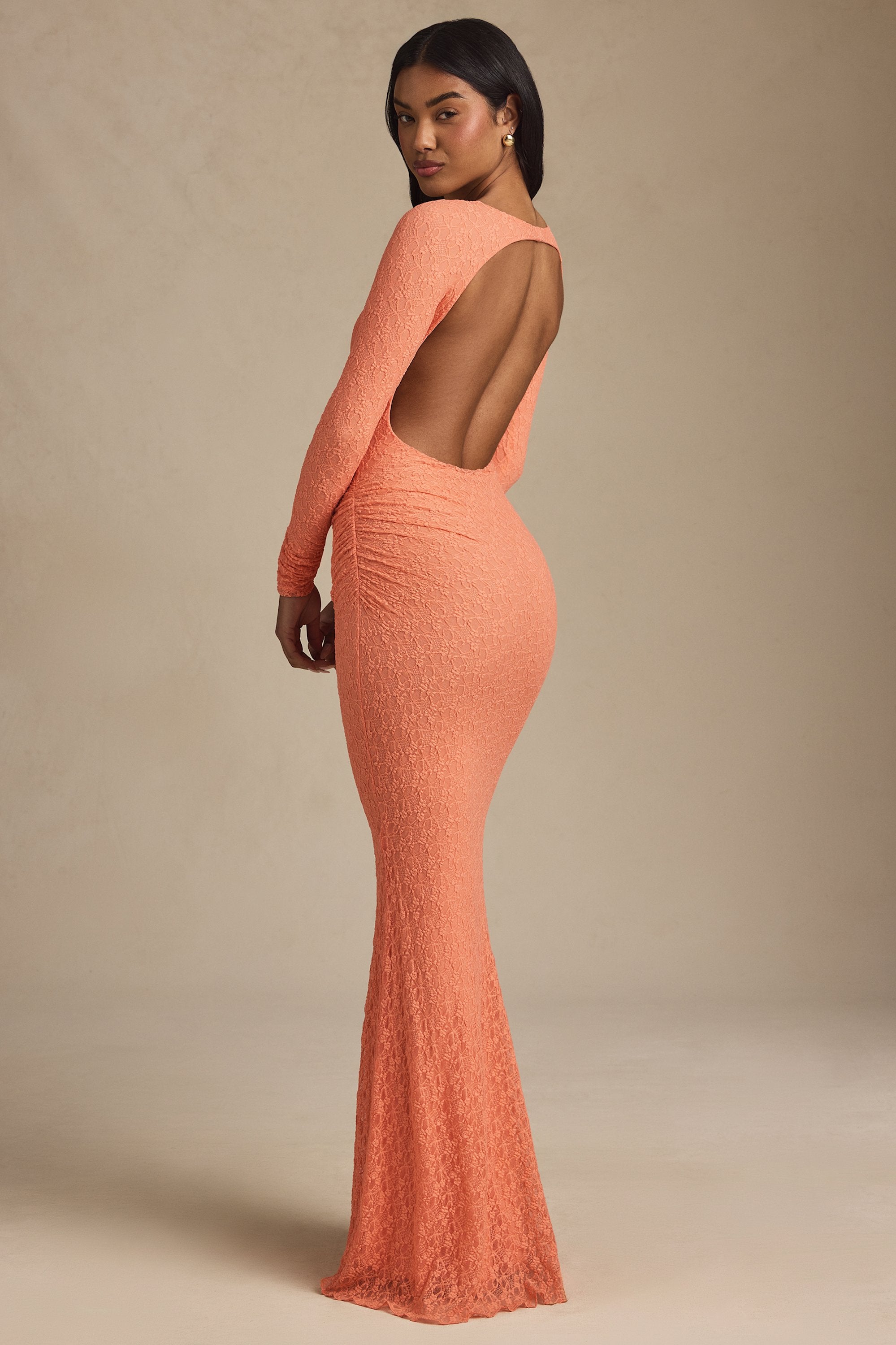 Tarini Ruched Backless Lace Maxi Dress in Peach