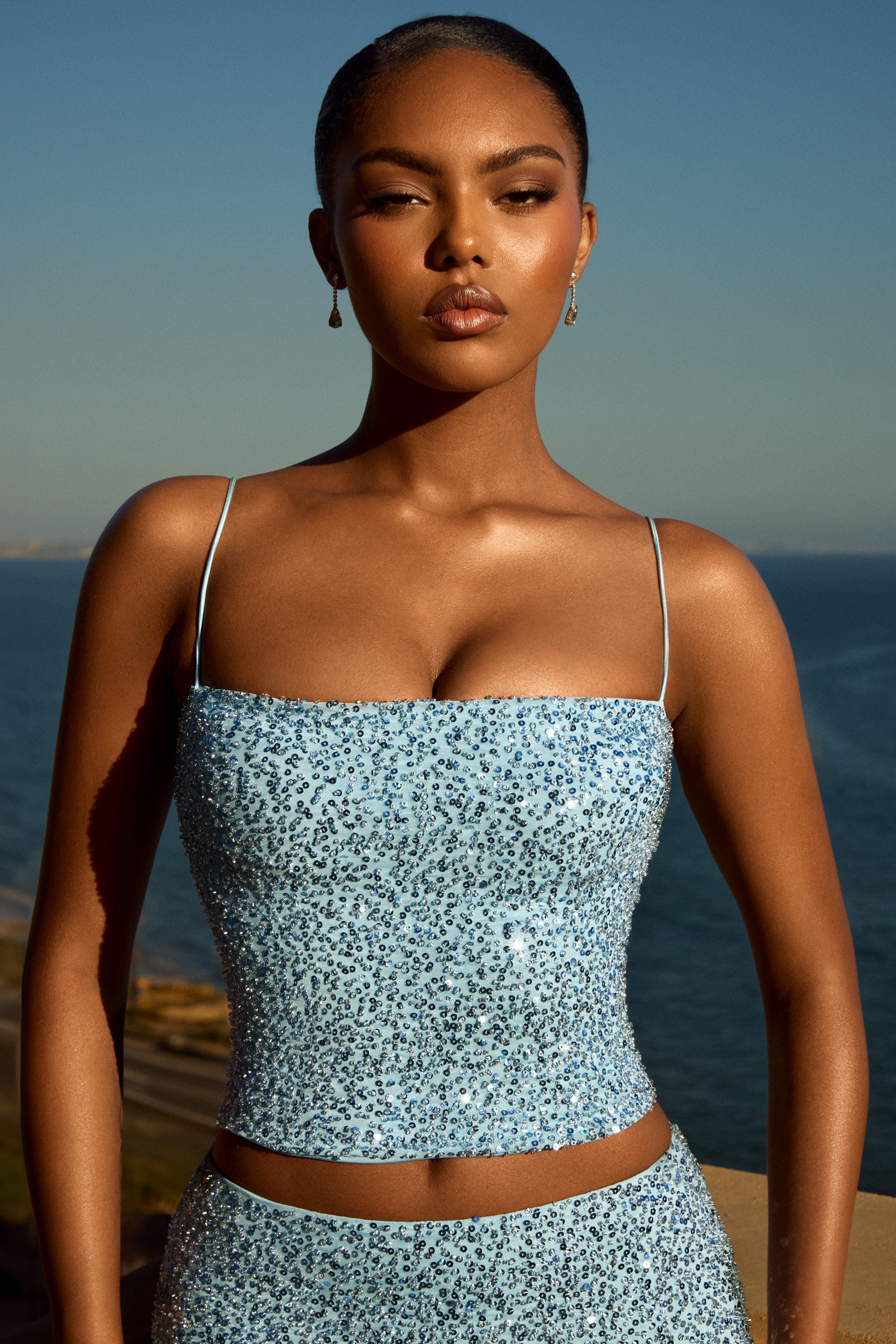 Meissa Embellished Square-Neck Top in Light Blue