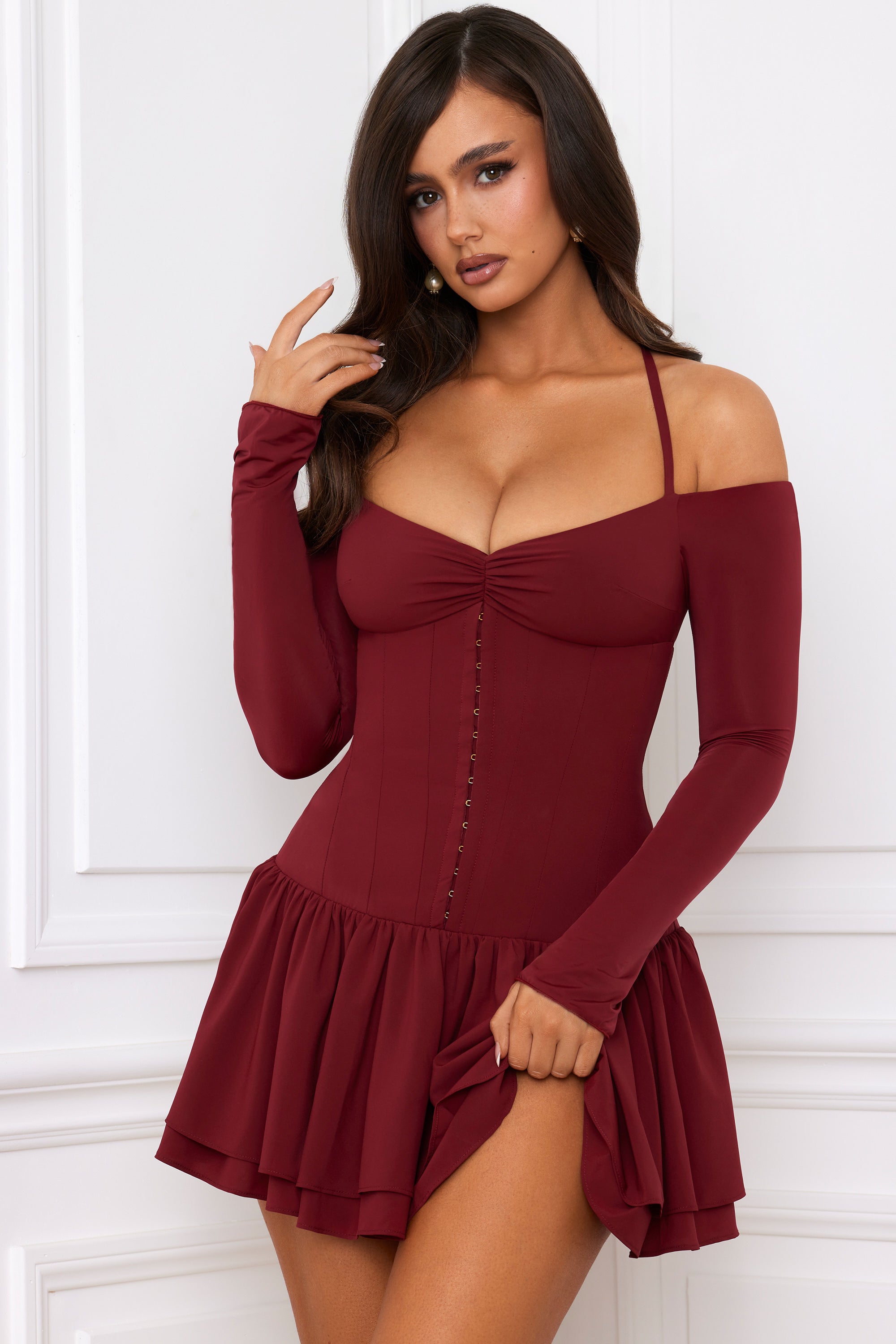 Maren Off-Shoulder Tiered Corset Mini Dress in Berry Red