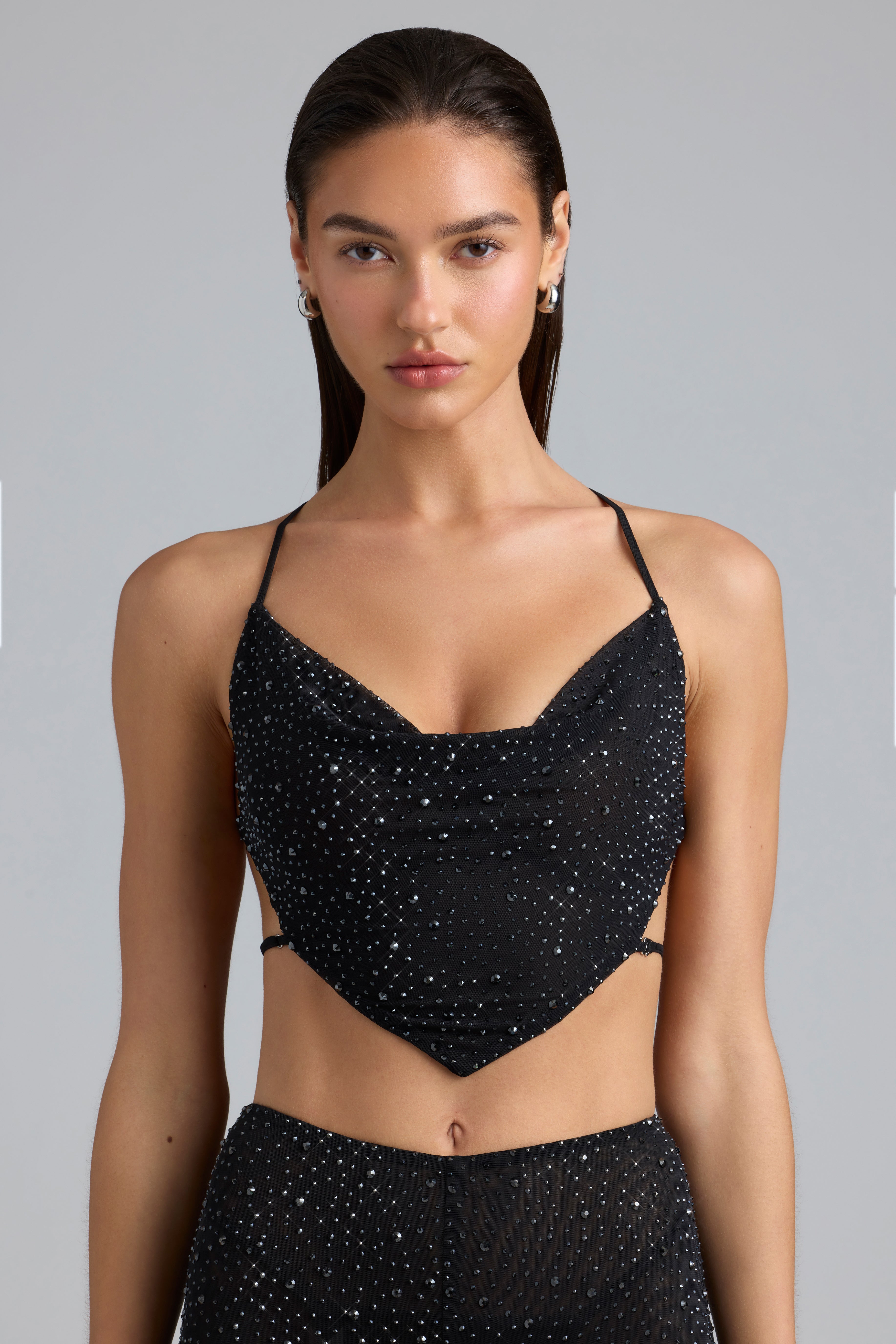 Skye Embellished Cowl-Neck Crop Top in Black