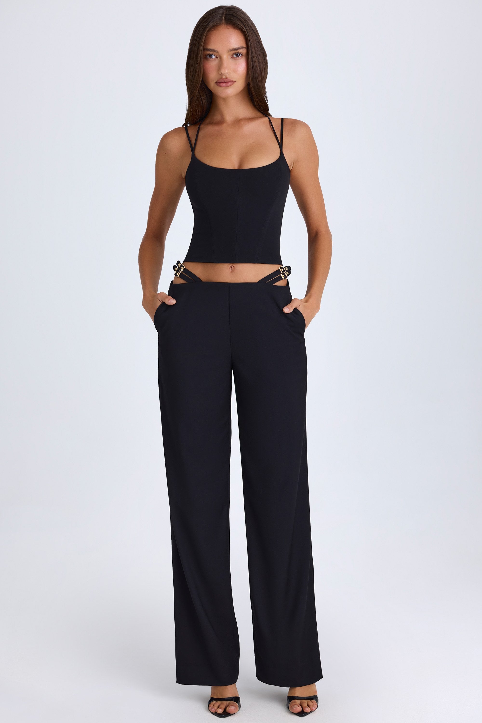 Zaria Belted Cut-Out Wide-Leg Trousers in Black
