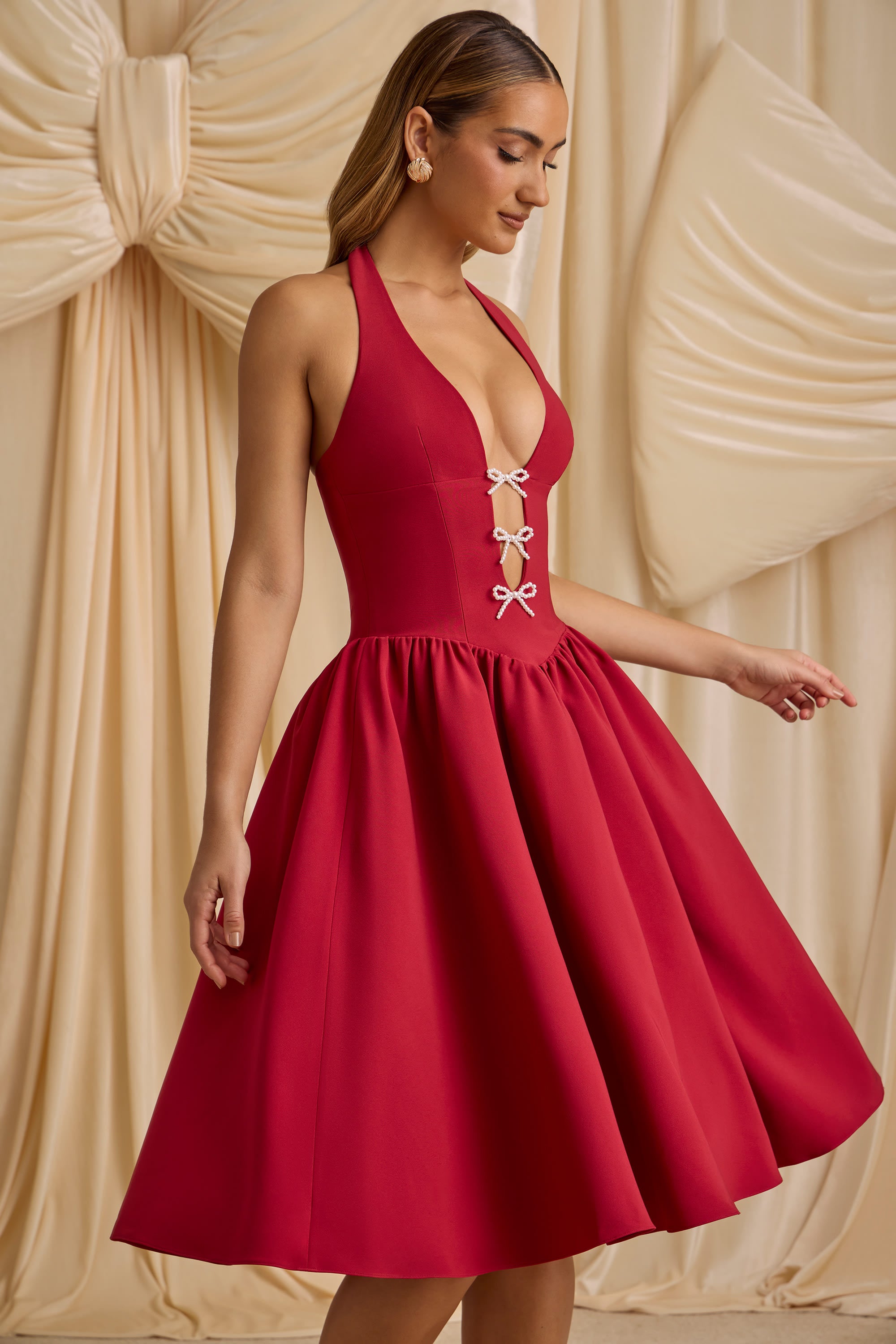 Angelina Halterneck Bow-Detail Midi Dress in True Red