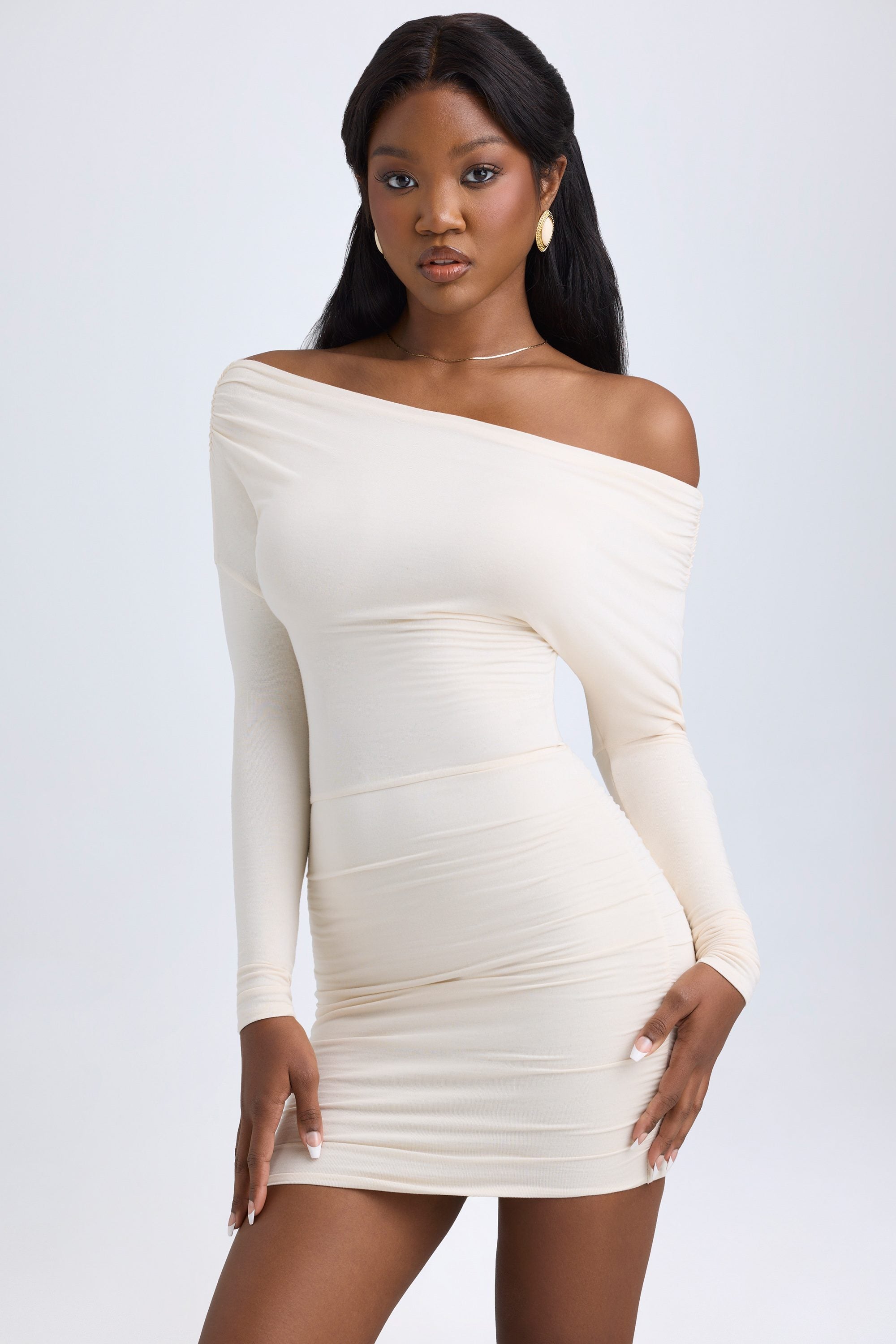 Elsa Modal Off-Shoulder Ruched Mini Dress in Ivory