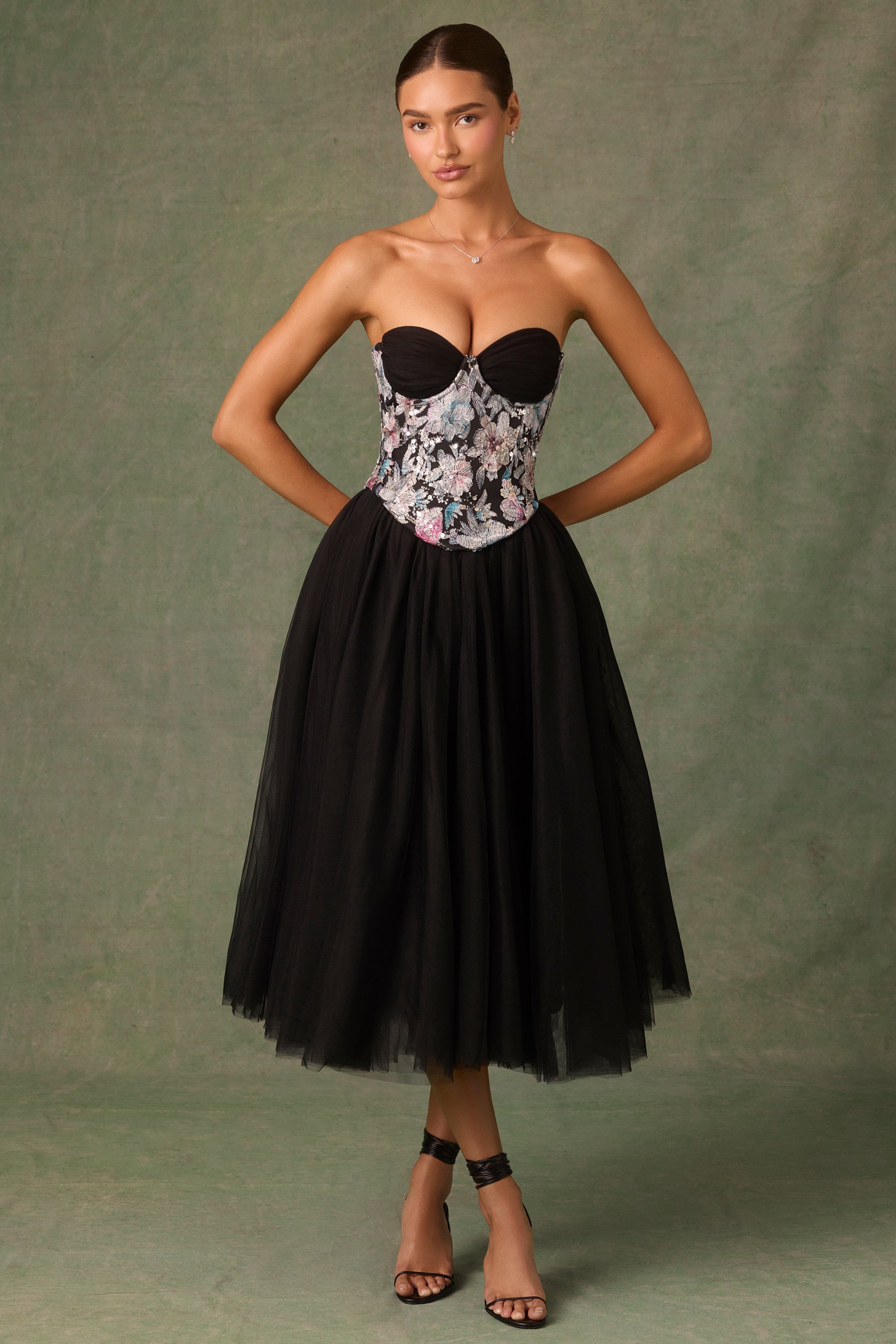 Elia Embellished Lace-Up Corset in Floral Black
