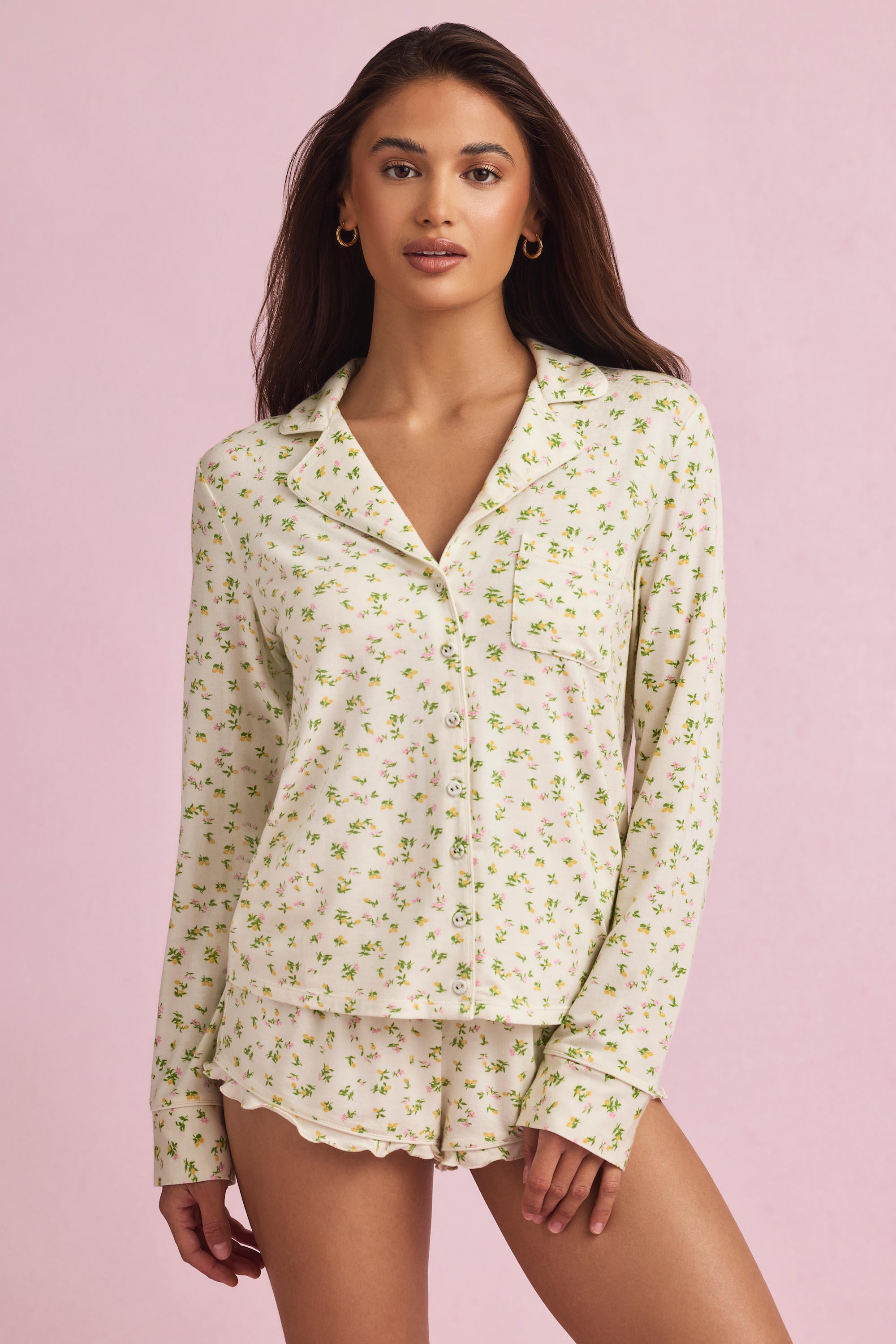 Mirae Bow-Detail Long-Sleeve Pyjama Top in Lemon Print