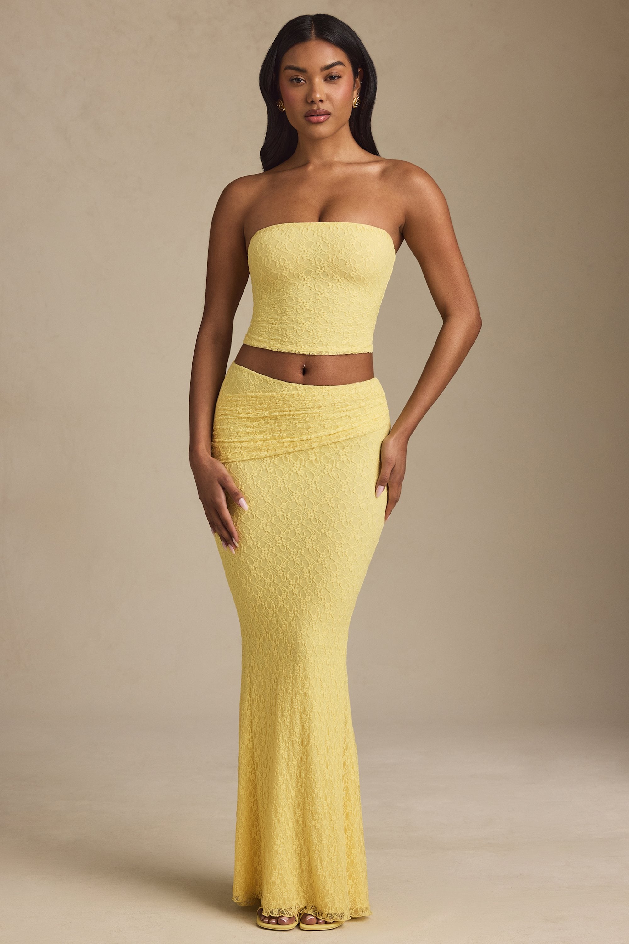 Vanda Draped Low-Rise Lace Maxi Skirt in Pastel Yellow