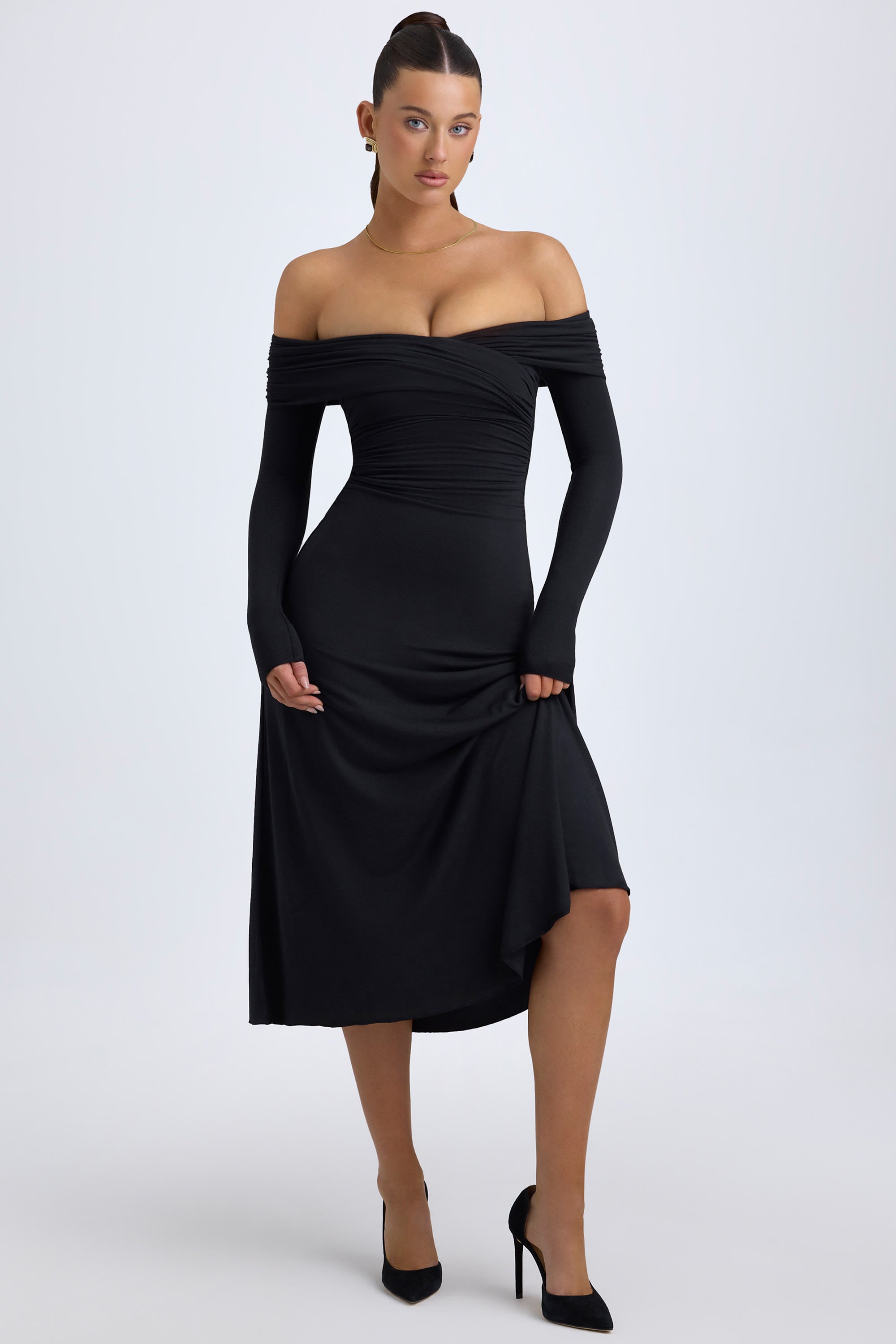 Noelle Modal Off-Shoulder Ruched Midaxi Dress in Black