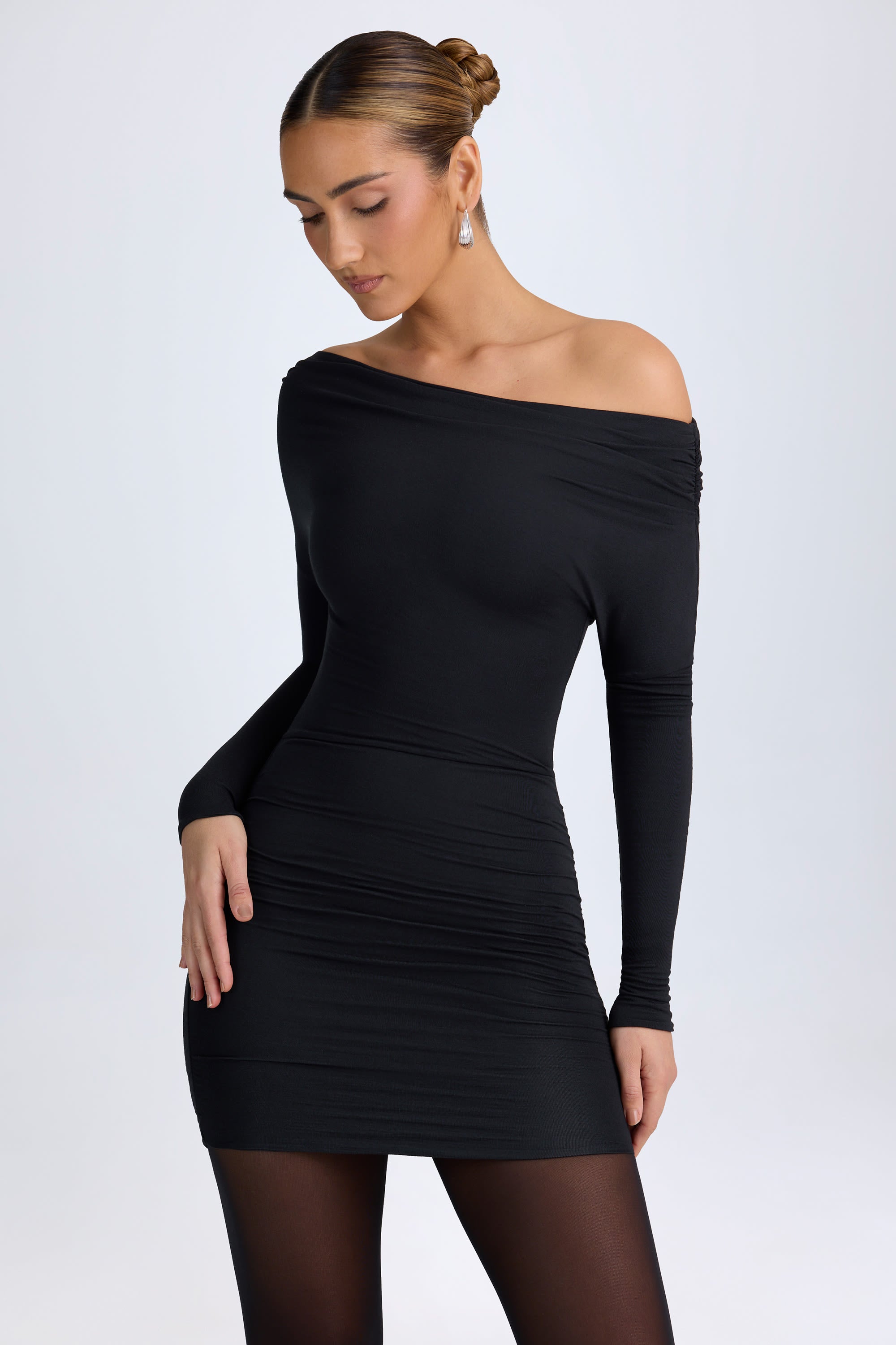 Elsa Modal Off-Shoulder Ruched Mini Dress in Black