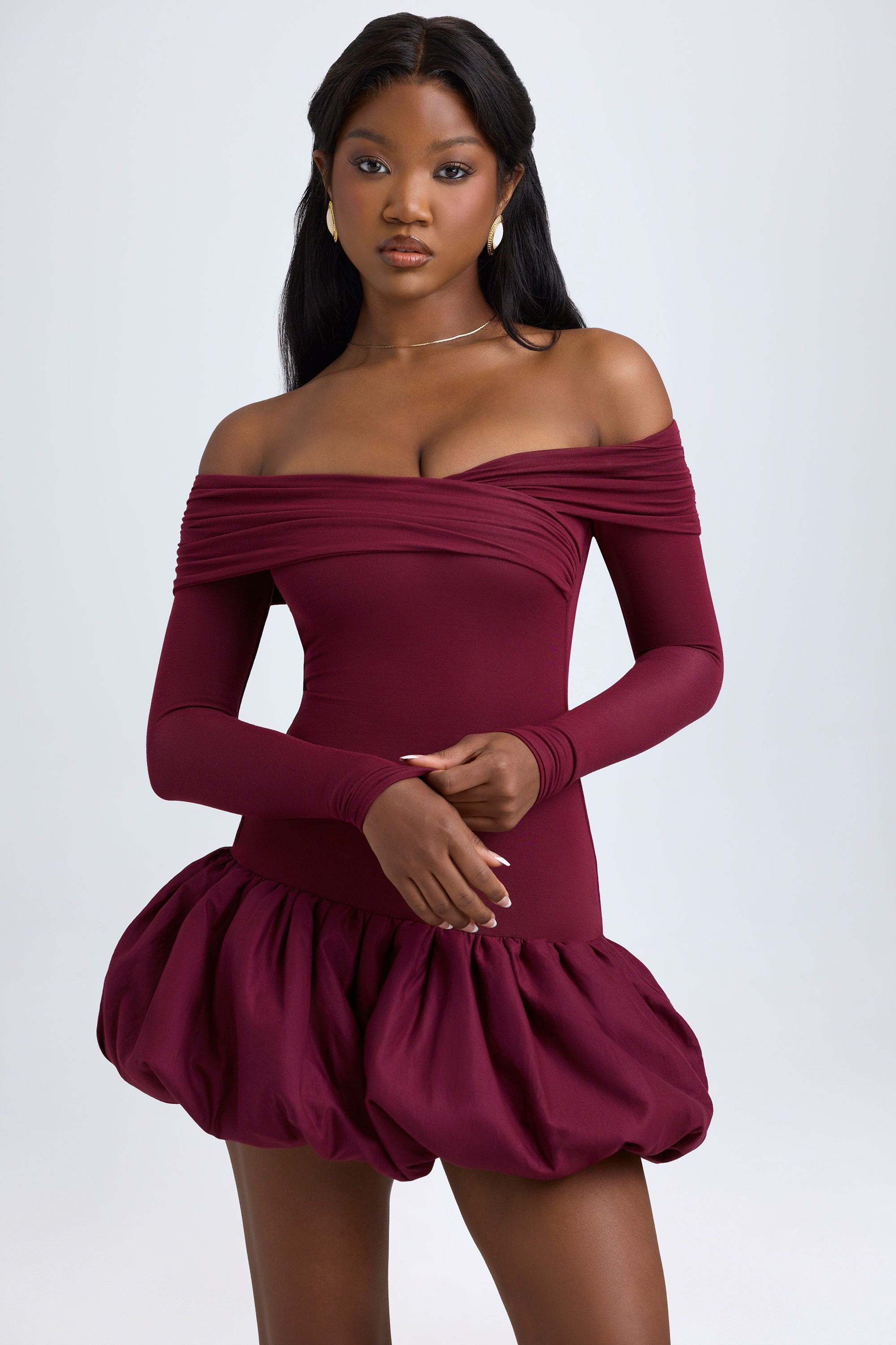 Serra Modal Off-Shoulder Bubble Hem Mini Dress in Wine Red