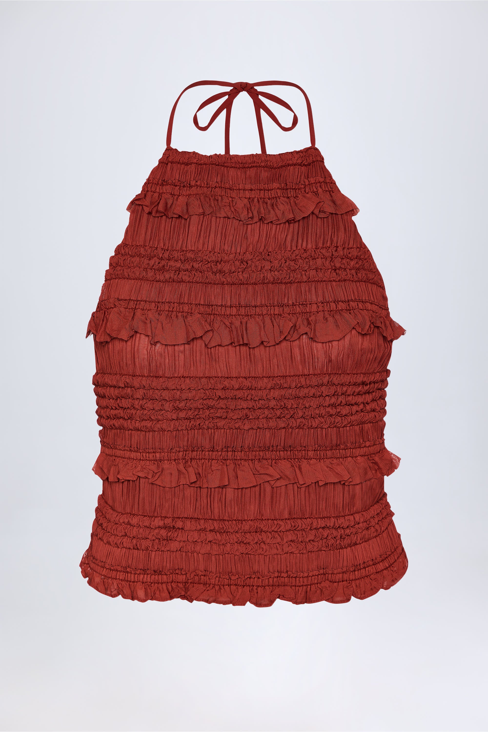 Natesha Ruffled High-Neck Backless Top in Burnt Red