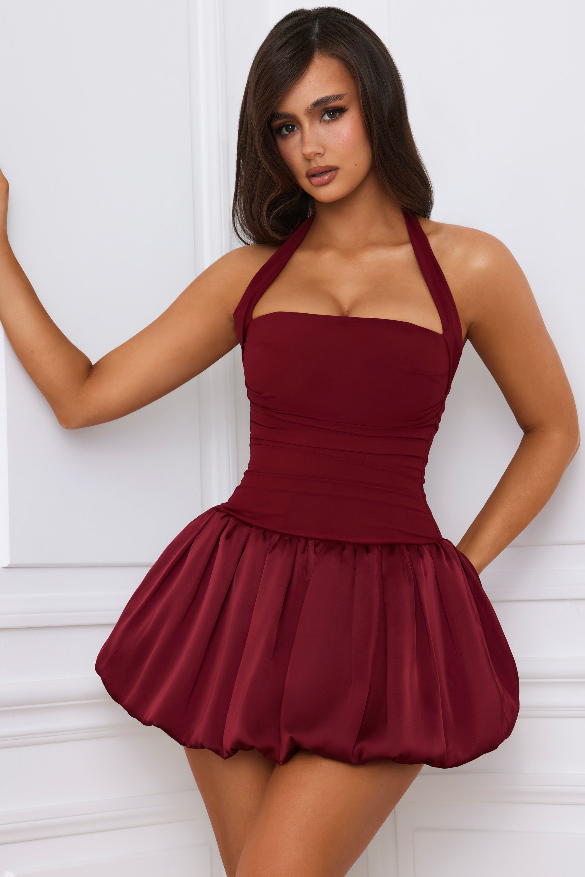 Ludmila Halterneck Lace-Up Bubble Hem Corset Micro Mini Dress in Berry Red