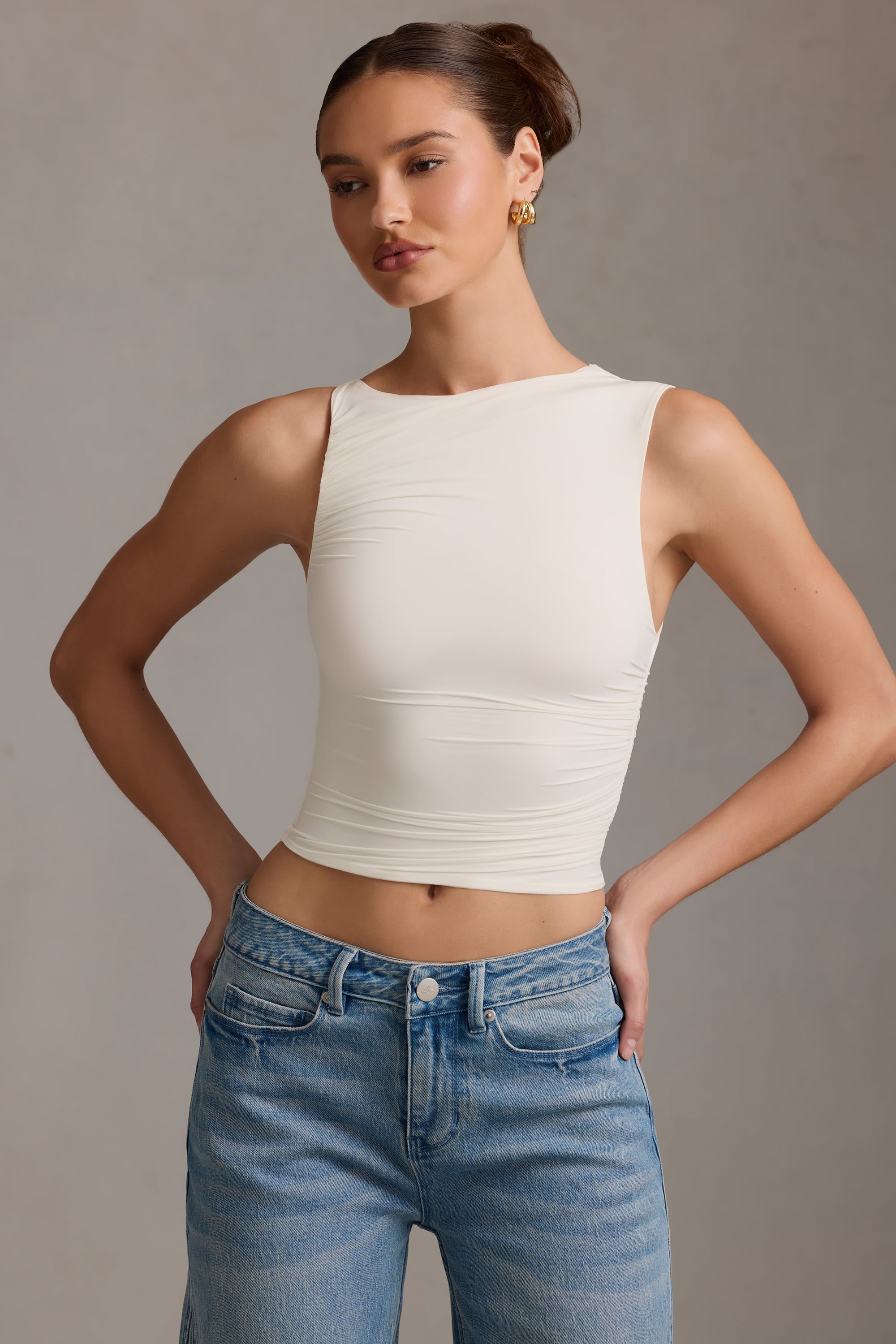 Kirbie Asymmetric Ruched Tank Top in Vanilla