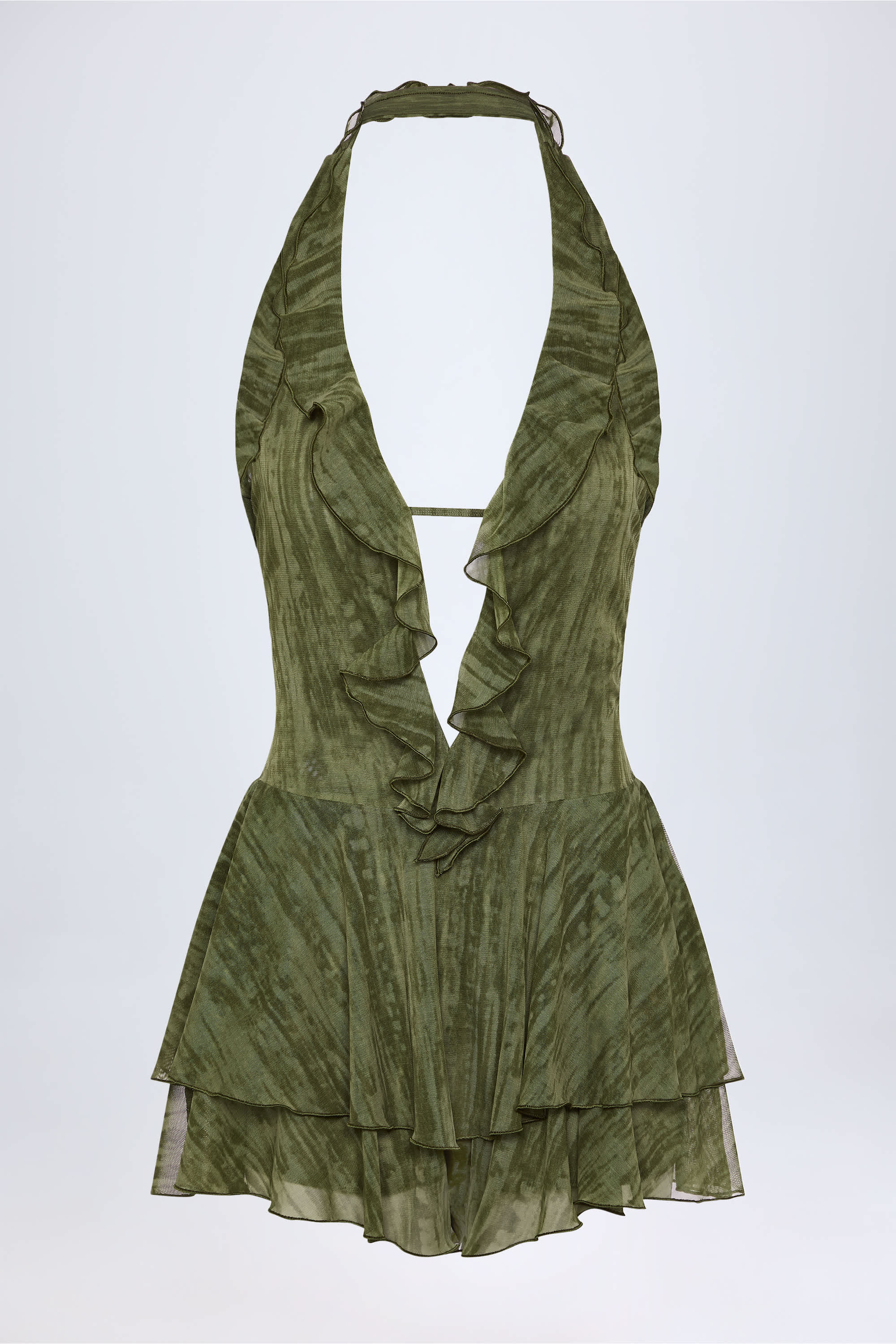 Morgaine Ruffled Plunge Halterneck Playsuit in Green Print