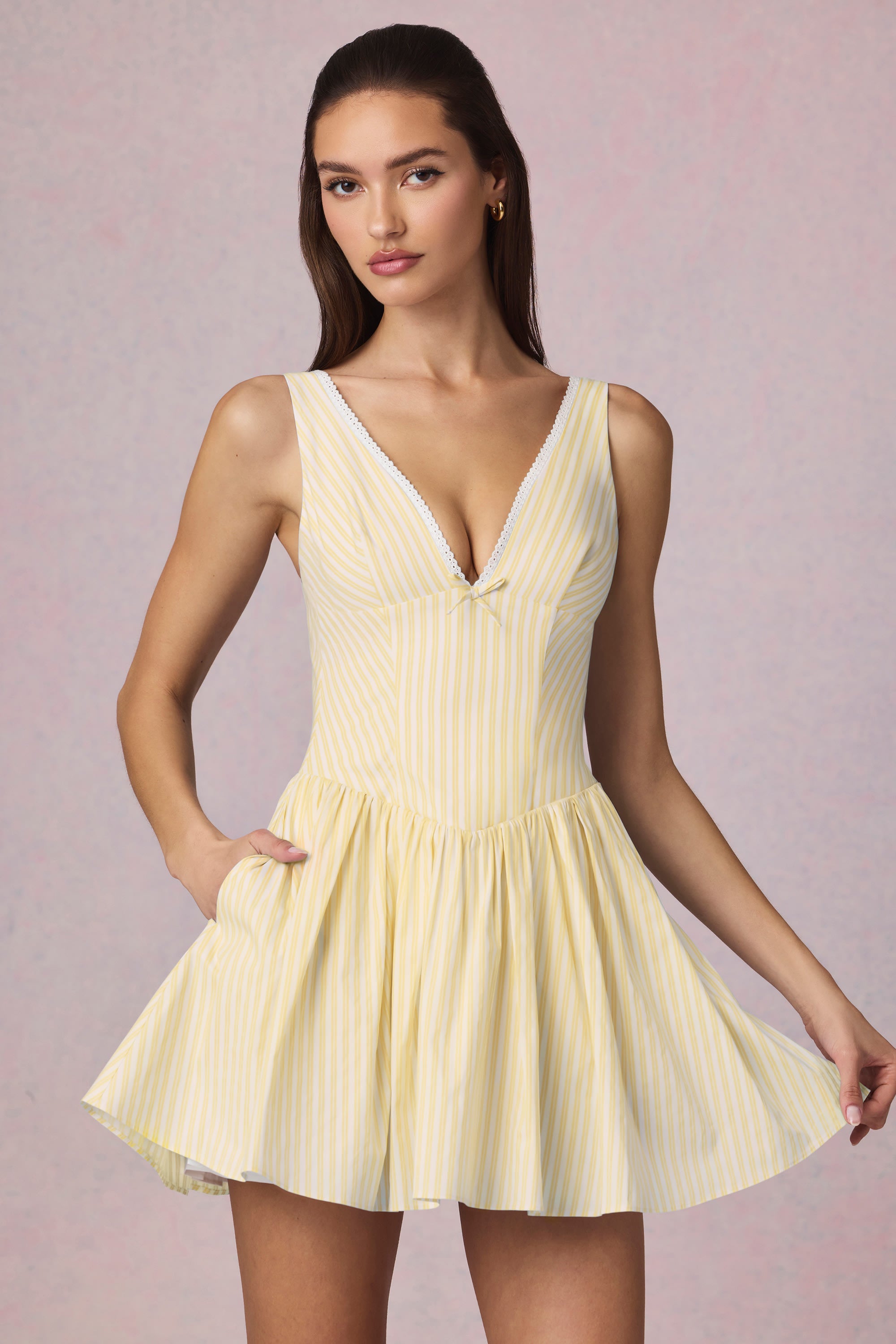 Marissa Bow-Detail A-Line Mini Dress in Lemon Yellow Stripe
