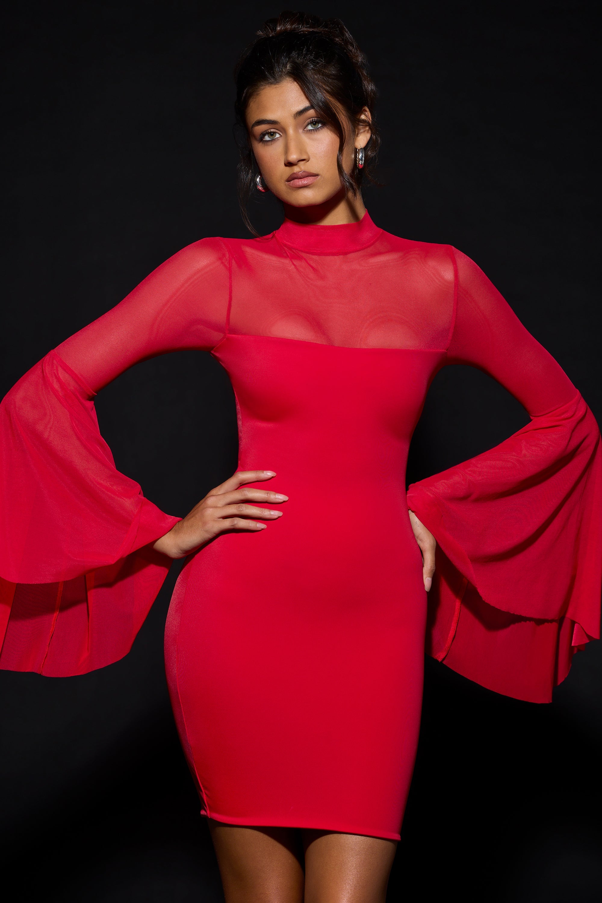 Wendy Waterfall-Sleeve Mini Dress in Fire Red