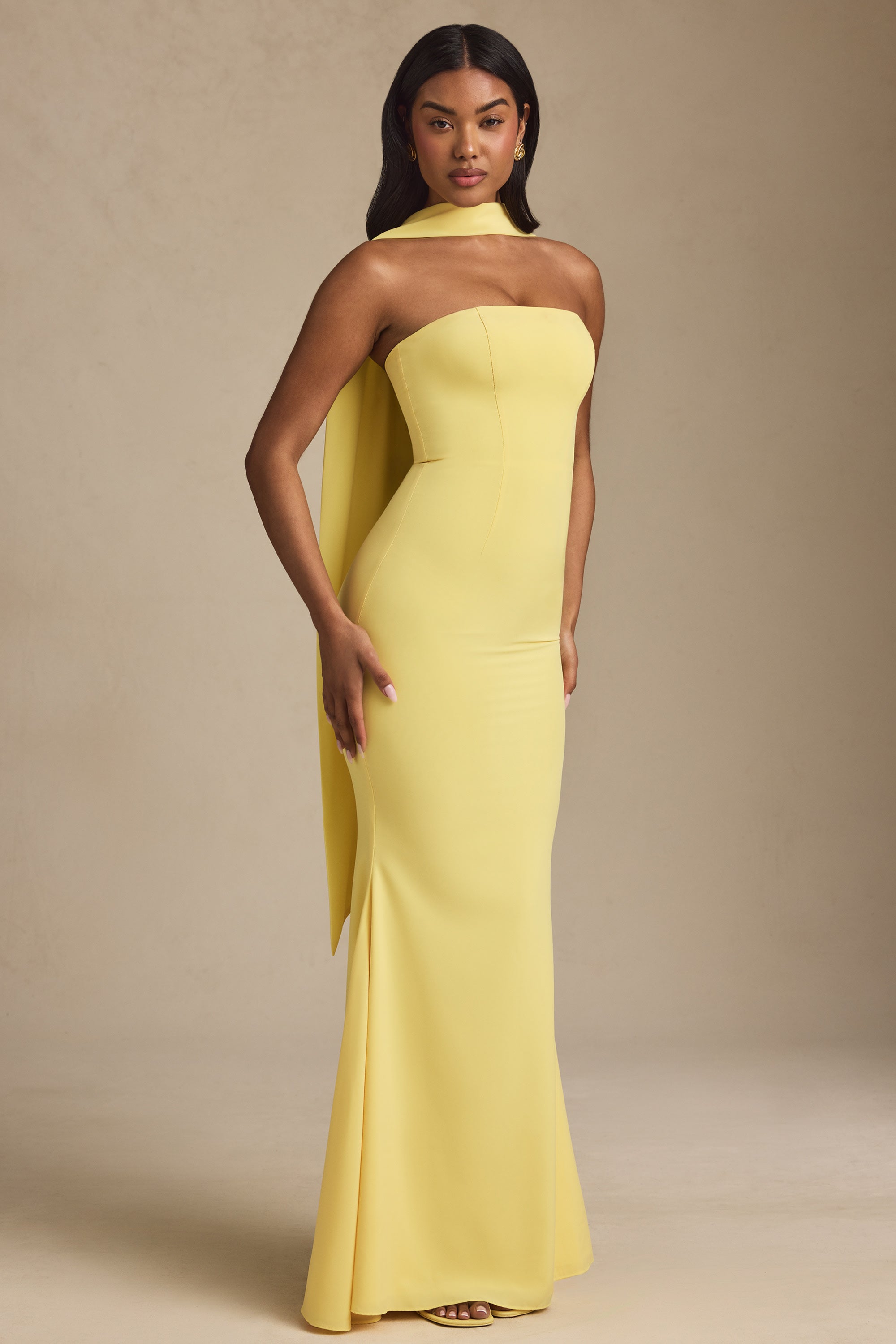 Imogene Scarf-Detail Strapless Gown in Pastel Yellow
