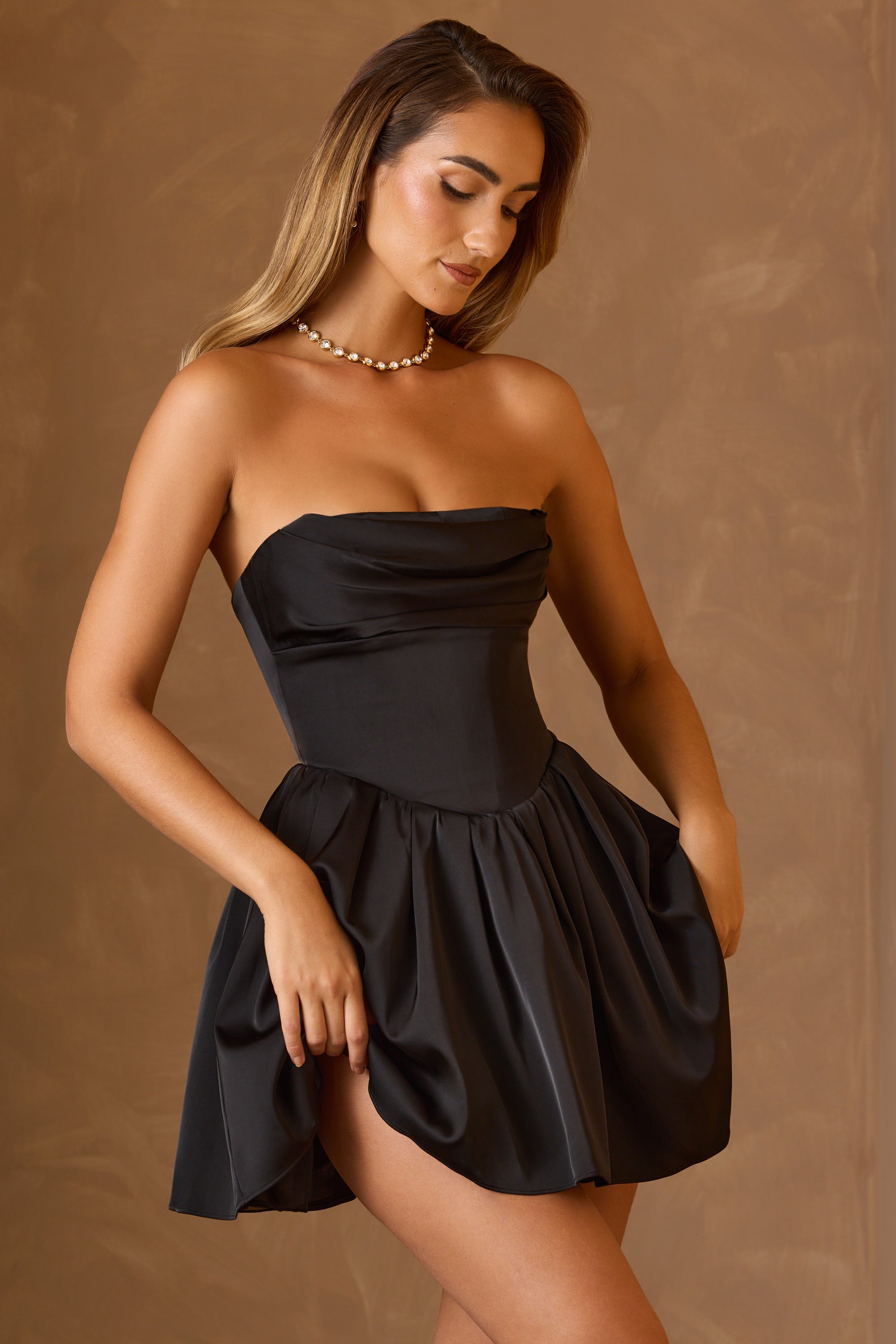 Emina Cowl-Neck Corset Mini Dress in Black