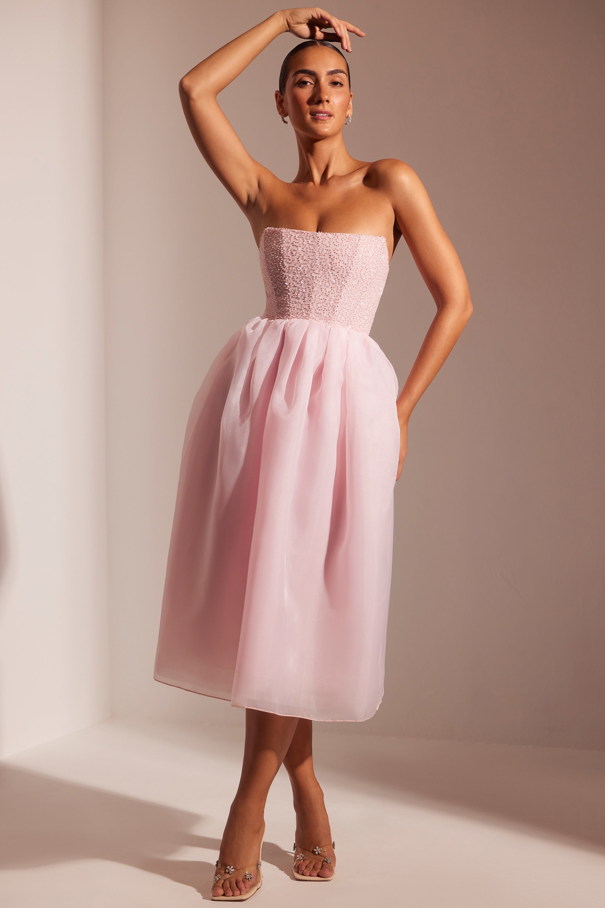 Rosette Embellished Corset Tulle Skirt Midi Dress in Blush